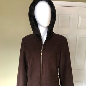 N0012 Brown Faux Fur Lined hooded Overcoat Coat Ladies M